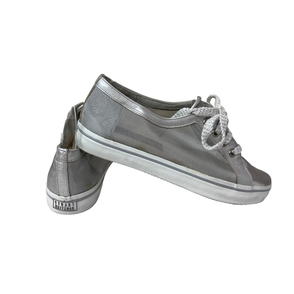 Stuart Weitzman Sneakers Womens 7 Silver Good Mesh Lace Up Low Top Metallic